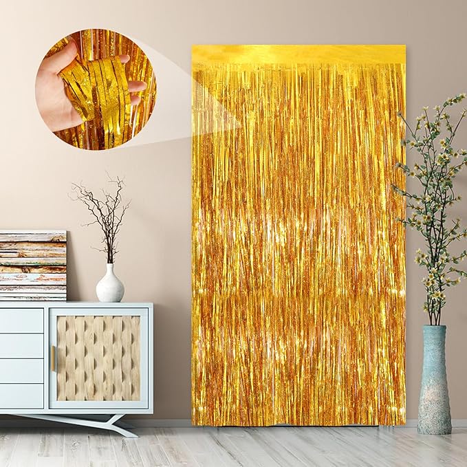 2Pack 3.3 x 8.3 Ft Gold Party Streamers, Tinsel Streamers Birthday Party Decorations, Fringe Backdrop for Graduation, Baby Shower, Door Streamers Tinsel Curtain Gender Reveal New Year Party Streamers