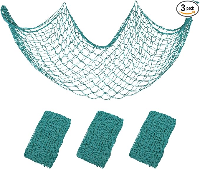 3 Pack Decorative Fishing Net, Patioland 5x10 ft Large Aqua Fish Net Decor for Wall, Photo Display, Nautical Mermaid Pirate Ocean Themed Beach Hawaii Under the Sea Party Decorations