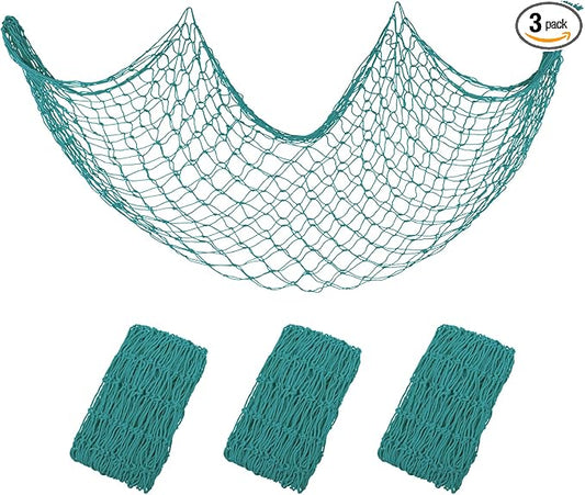 3 Pack Decorative Fishing Net, Patioland 5x10 ft Large Aqua Fish Net Decor for Wall, Photo Display, Nautical Mermaid Pirate Ocean Themed Beach Hawaii Under the Sea Party Decorations