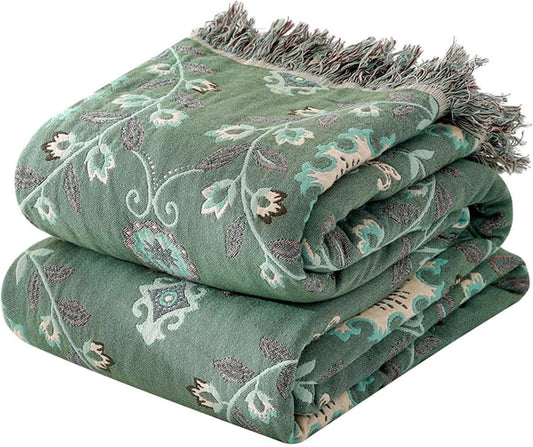 MSGKV Boho Throw Blanket for Couch Bed 100% Cotton Blankets Woven Green Blanket,Versatile Double Sided, Super Soft Warm Blanket 60''x 80''