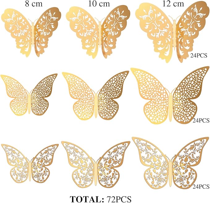 Bememo 72 Pieces 3D Butterfly Wall Decals Sticker Decal Wall Decor Art Decorative Sticker 3 Sizes for Room Offices Bedroom Bathroom Living Room Decor(Gold)