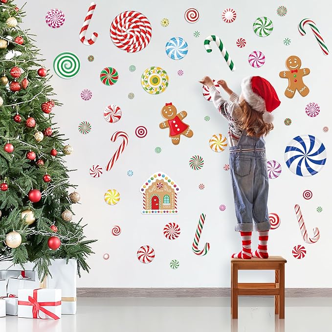 Christmas Candy Wall Decals, 8 Sheet Christmas Decorations Wall Stickers Peppermint Candy Cane Gingerbread Decals for Walls for Candyland Xmas Decoration