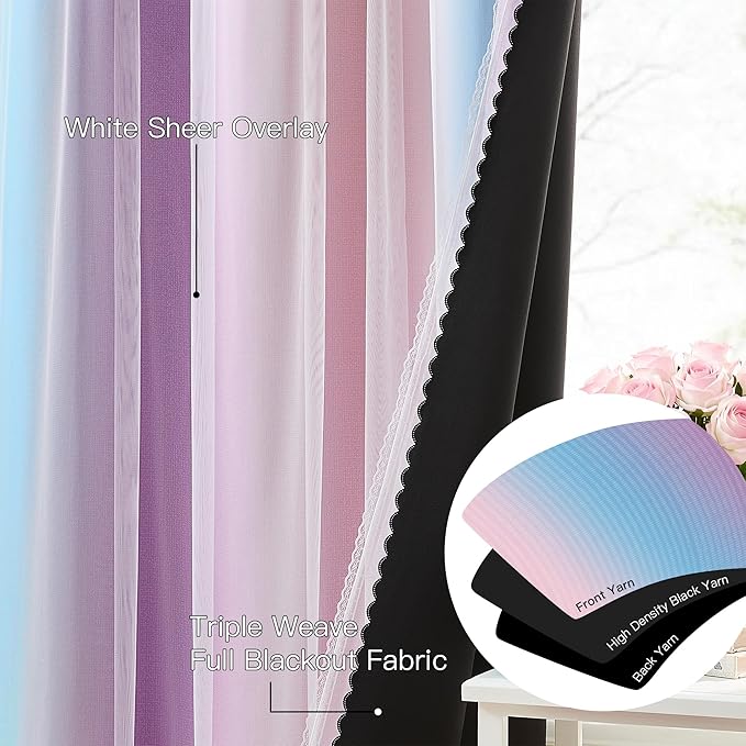 XiDi Kids Blackout Curtains with Sheer Overlay 84 Inches Long 2 Panels for Girls Bedroom Nursery Rainbow Pink Purple Blue Double Layer Curtains Unicorn Princess Theme Home Decor Grommet W34 x L84