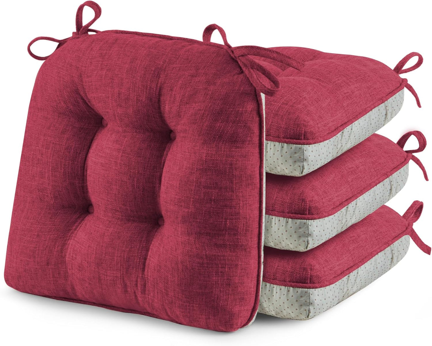 puredown® Chair Cushions for Dining Chairs, Tufted Memory Foam Chair Pads with Non-Slip Backing, Kitchen Seat Cushions with Ties, Washable Pads Set of 4, 15.5" x 15.5" x 4", Wine