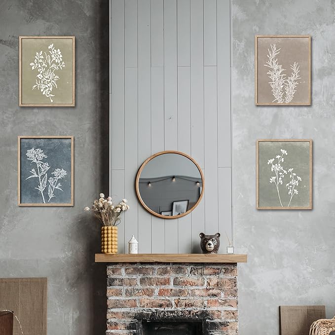 Framed Boho Wall Art Set of 4 for Wooded Minimalist Botanical Print Wall Art for Rustic Vintage Farmhouse Home Kitchen Wall Decor (Brown, 16"x20")