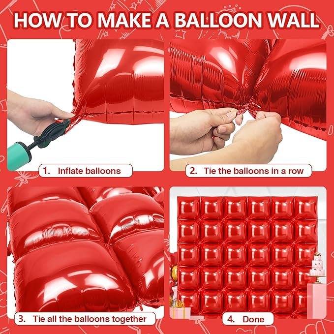 NISOCY 36PCS Red Square Foil Balloons Wall Backdrop Metallic Double Sided Red Christmas Balloons Tunnel Arch Kit for Birthday Baby Shower Valentine‘s Day Party Decoration