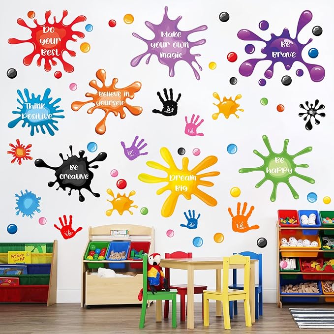Glow in The Dark Inspirational Wall Decals Glowing Luminous Watercolour Motivational Lettering Wall Stickers Positive Saying Ink Splatter Splotches Decals for Kids Classroom Nursery Playroom Decor