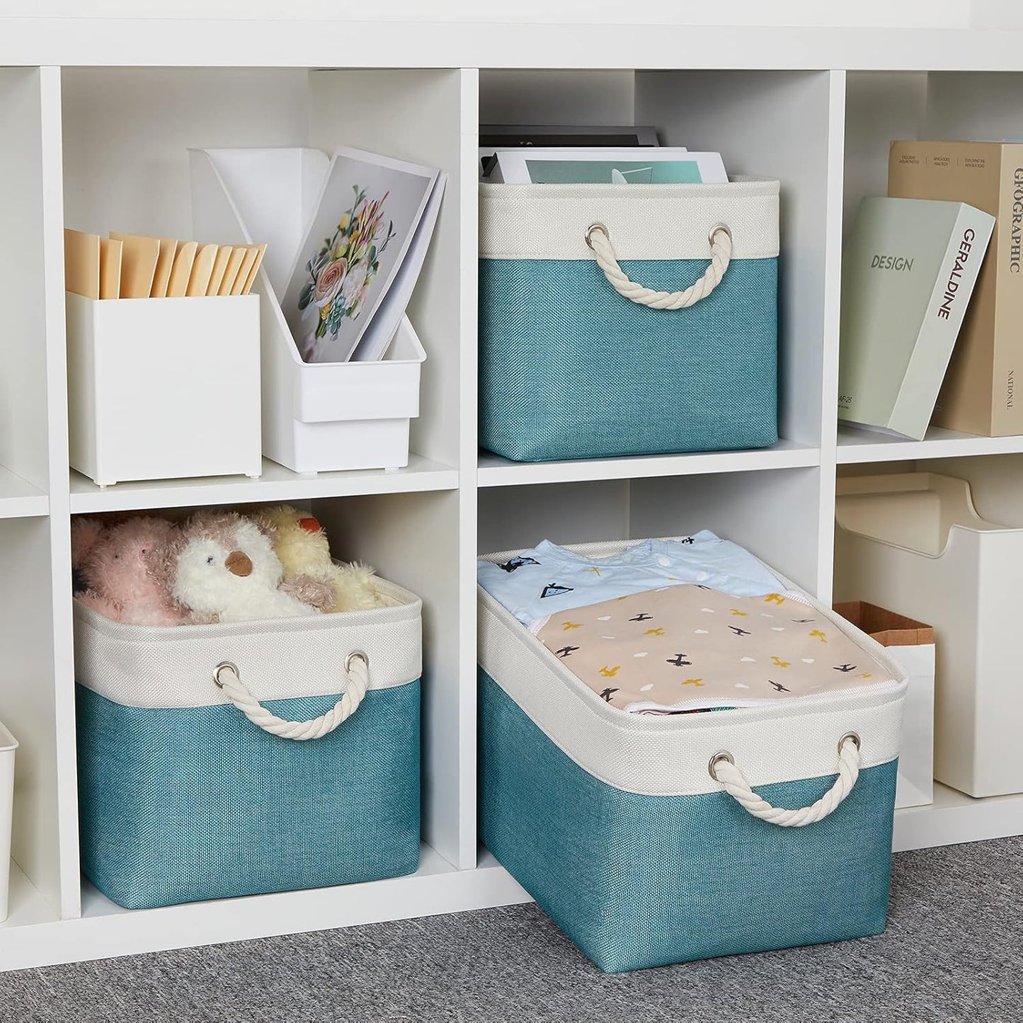 Bidtakay Basket Storage Bins with Handles Fabric Large Storage Baskets for Organizing Set of 3 Collapsible Rectangular Basket for Shelves Closet Organizer 15 X 11 X 9.5 Inches(White&Teal Blue)