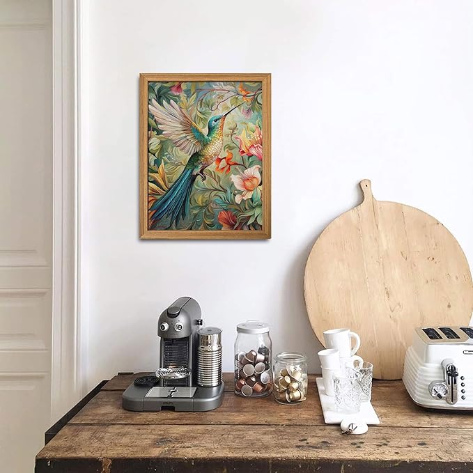 Framed Vintage 3D Textured Wall Art - Colorful Hummingbird Floral Wall Decor - Hand Painted Sandstone Nature Botanical Picture for Living Room Bedroom Home Decor 8x10 inch