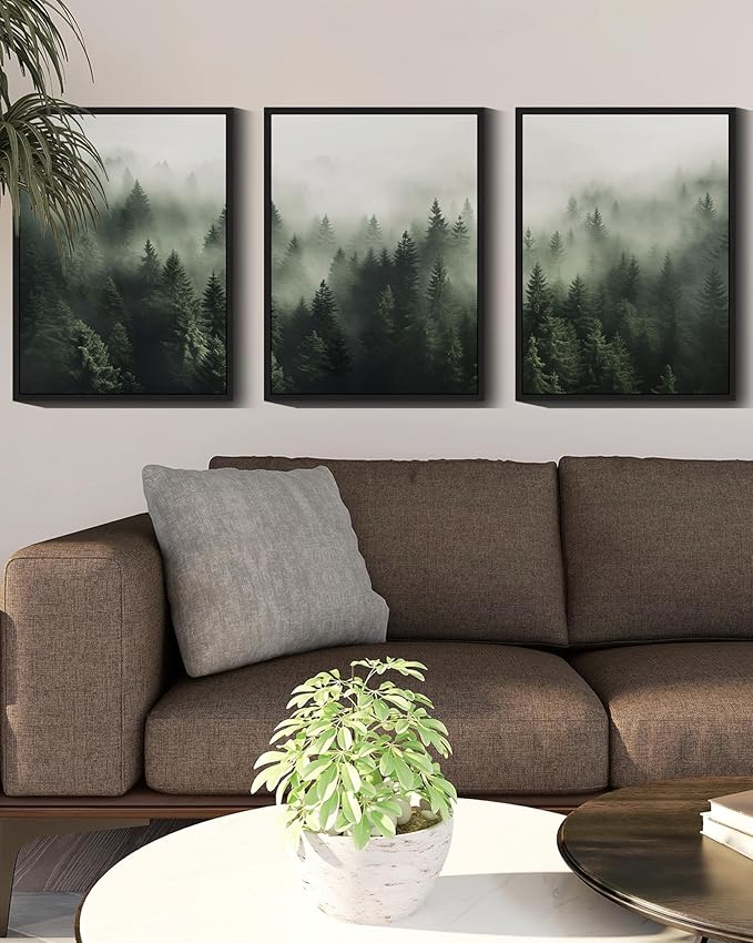 SHENIFY Green Fog Pine Tree Forest Canvas Wall Art 11x14in Framed Nature Modern Artwork Prints Decor - Black Framed