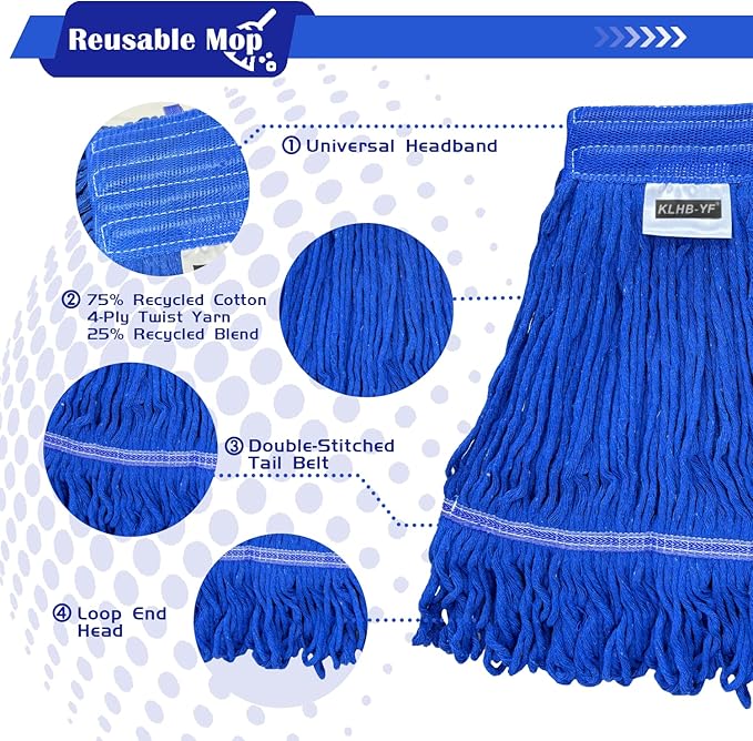 Heavy Duty Wet Industrial Cleaning Mop Head – 21 oz Blue mop Head Replacement Cotton Washable Industrial mop Heads Heavy Duty for Commercial & Home Cleaning（Blue）
