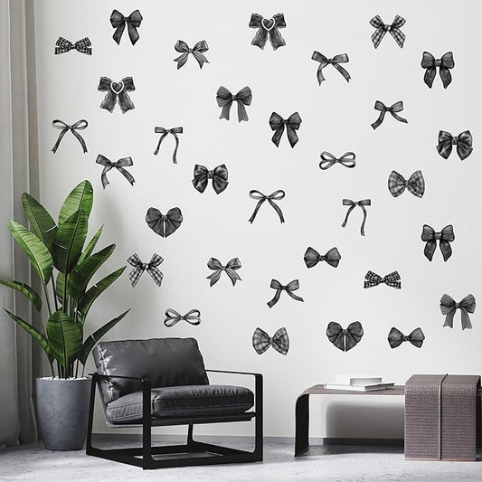 A1diee Black White Bow Wall Stickers - 60Pcs Watercolor Coquette Aesthetic Wall Stickers Black Bow Knot Gothic Wall Art Decor Vinyl Peel and Stick Room Decor for Kindergarten Nursery Bedroom, 8 Sheets