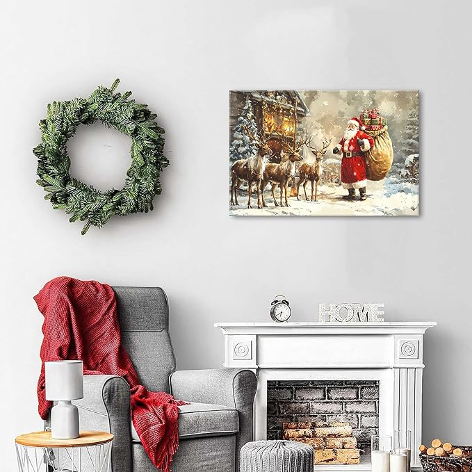 Farmhouse Christmas Wall Art for Living Room Santa Claus Wall Decor Vintage Reindeers Canvas Prints Christmas Deer Pictures Winter Landscape Painting Artwork Kitchen Office Home Decorations 16x24"
