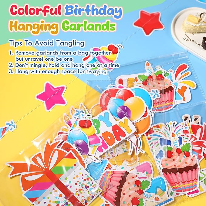 8 Pcs Happy Birthday Party Decorations Let's Party Garland Streamers Colorful Rainbow Birthday Theme Hanging Paper Cutouts Banner for Wall Backdrop Classroom Door Ceiling Decorations Supplies