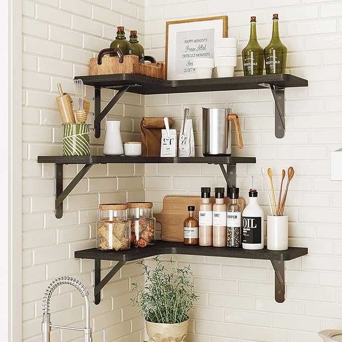 Fixwal Floating Shelves for Wall, Rustic Wood Wall Mounted Corner Shelf for Bathroom, Kitchen, Bedroom, Home Decor, Laundry Room, Living Room, Set of 5 (Black)