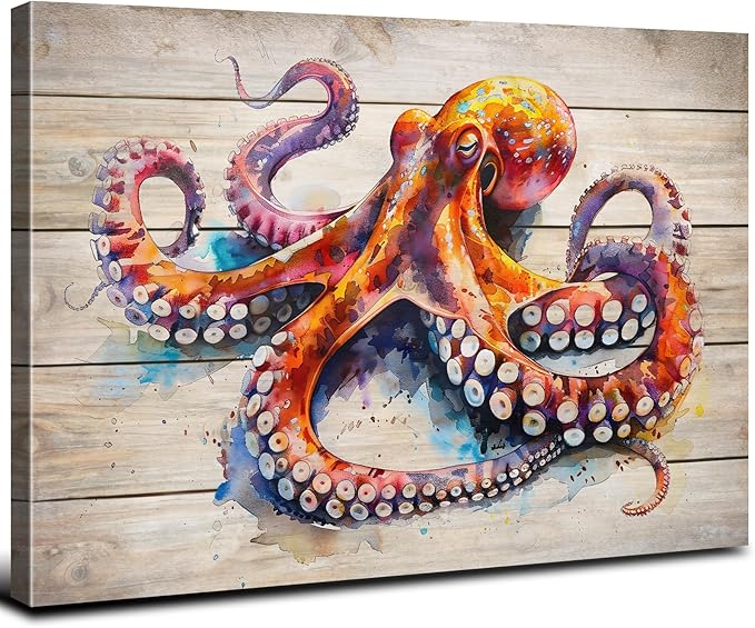 Watercolor Octopus Wall Art for Bathroom Canvas Marine Life Decor Sea Ocean Nautical Theme Picture Prints Underwater Animal Poster Sea Life Painting Artwork Living Room Office Decoration 16x24"