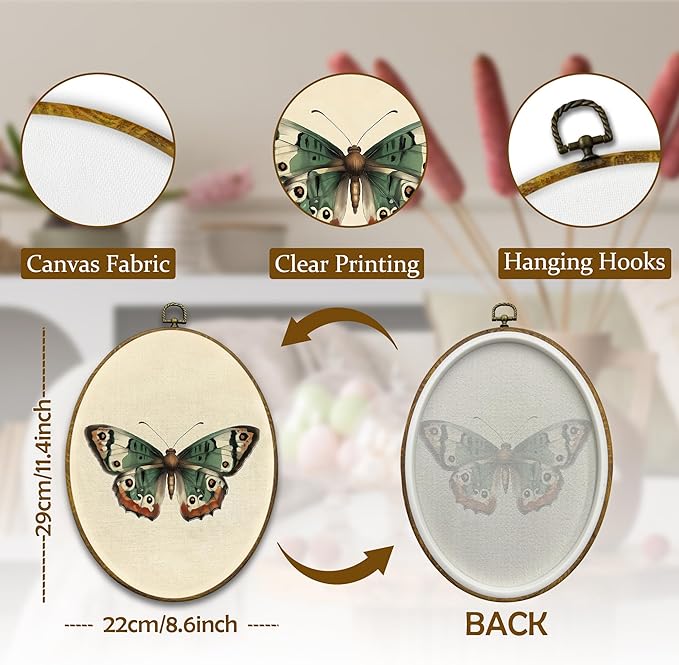 Mcehtle Vintage Butterfly Wall Art Decor, Moody Moth Cottagecore Oval Framed Canvas Prints 8.6x11.4, Sage Green Academia Insect Wall Hanging Artwork Decorations for Gallery Home Bedroom Living Room