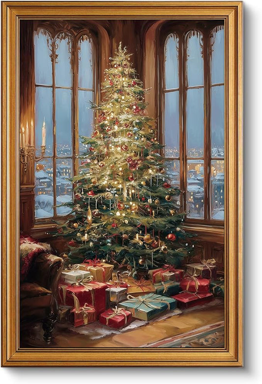 InSimSea Gold Framed Wall Art, Vintage Canvas Prints Decor, Christmas Pine Tree Paintings Large Wall Decor, Rustic Pictures for Winter Xmas Bedroom Holiday Decoration Gifts, 16x24inch