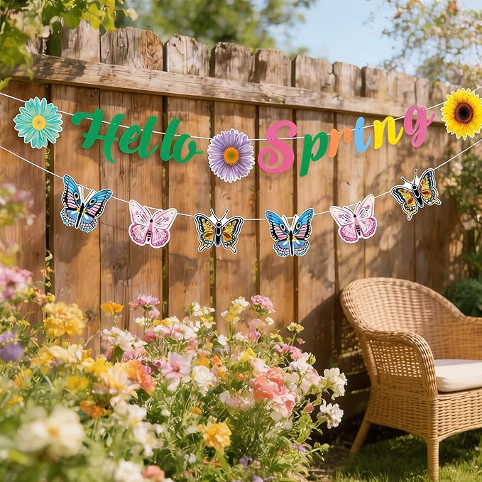 Hello Spring Banner and Butterfly Garland Set Spring Classroom Decor, Garlands for Mantle & Home Decor, Colorful Floral Butterfly Spring Banner for Party, Classroom, Mantel, Wall & Porch Decor