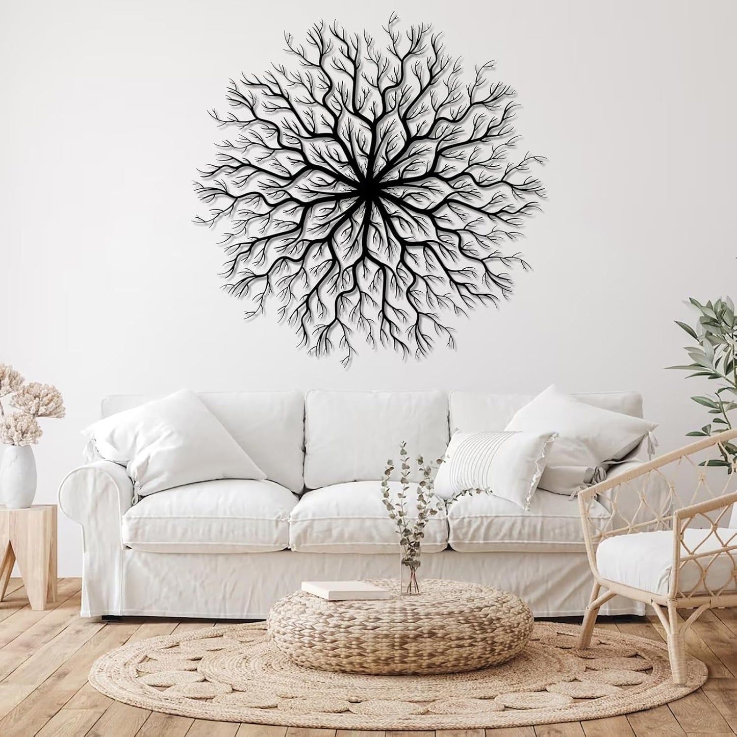 Tree of Life Metal Wall Art, Metal Tree Wall Art, Large Round Sculpture, Round Branch Wall Decor, Large Branch Artwork, Nature Sign, Wall Decor for Living Room, Housewarming Gift (Silver, 28"x28"|70x70cm)