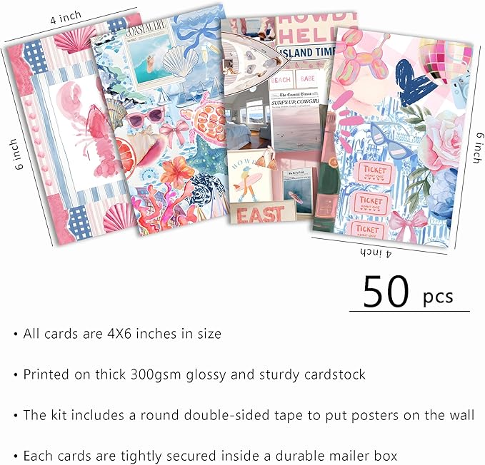 Coastal Granddaughter Room Decor, Pink and Blue Wall Collage Kits, 50 Pcs 4x6 Inch Beachy Aesthetic Wall Art Prints Posters, Coastal Cowgirl Room Dorm Wall Decor for Teen Girls