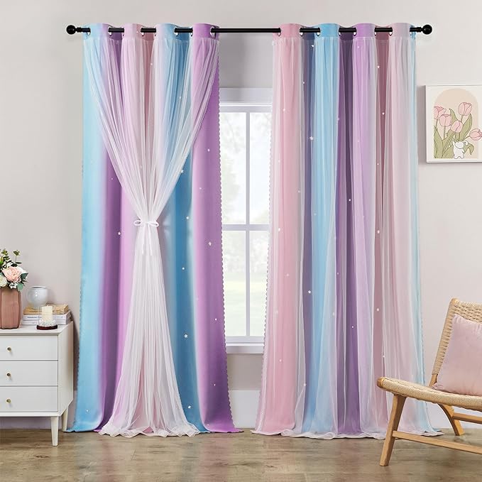 XiDi Girls Blackout Curtains 102 Inches Long for Bedroom, Room Darkening Grommet Window Ombre Curtains 2 Panel Sets, Kids Unicorn Princess Theme Decor Colorful Rainbow Design Pink Purple 42WX102L