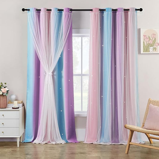 XiDi Girls Curtains for Bedroom Decor 108 Inches Long Colorful Rainbow Star Blackout Curtains for Kids Princess Nursery Room Unicorn Wall Decor Ombre Grommet Drapes Pink Purple W52 X L108 2 Panels