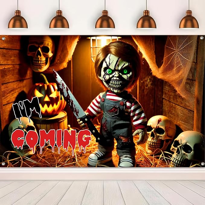 Scary Doll Halloween Banner 71x43 Inch Creepy Knife Puppet Backdrop I'm Coming Wall Decor with Skull Pumpkin for Haunted House Horror Party Trick or Treat Indoor Outdoor Decoration