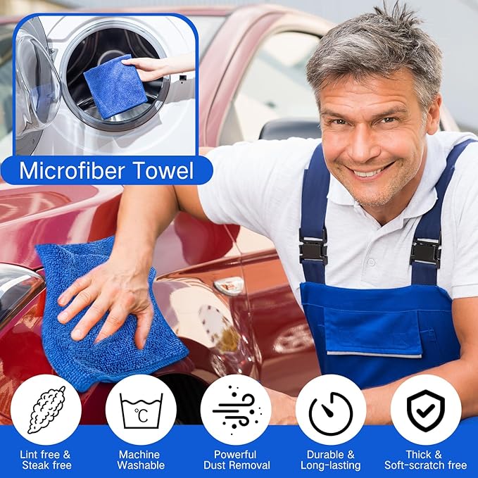Macarrie 200 Pieces Microfiber Cleaning Cloths Bulk Absorbent Microfiber Towels Reusable Lint-Free Streak Free Wash Rags for House Kitchen Office Restaurants Bar Shop Car, 12 x 12 Inches (Royal Blue)