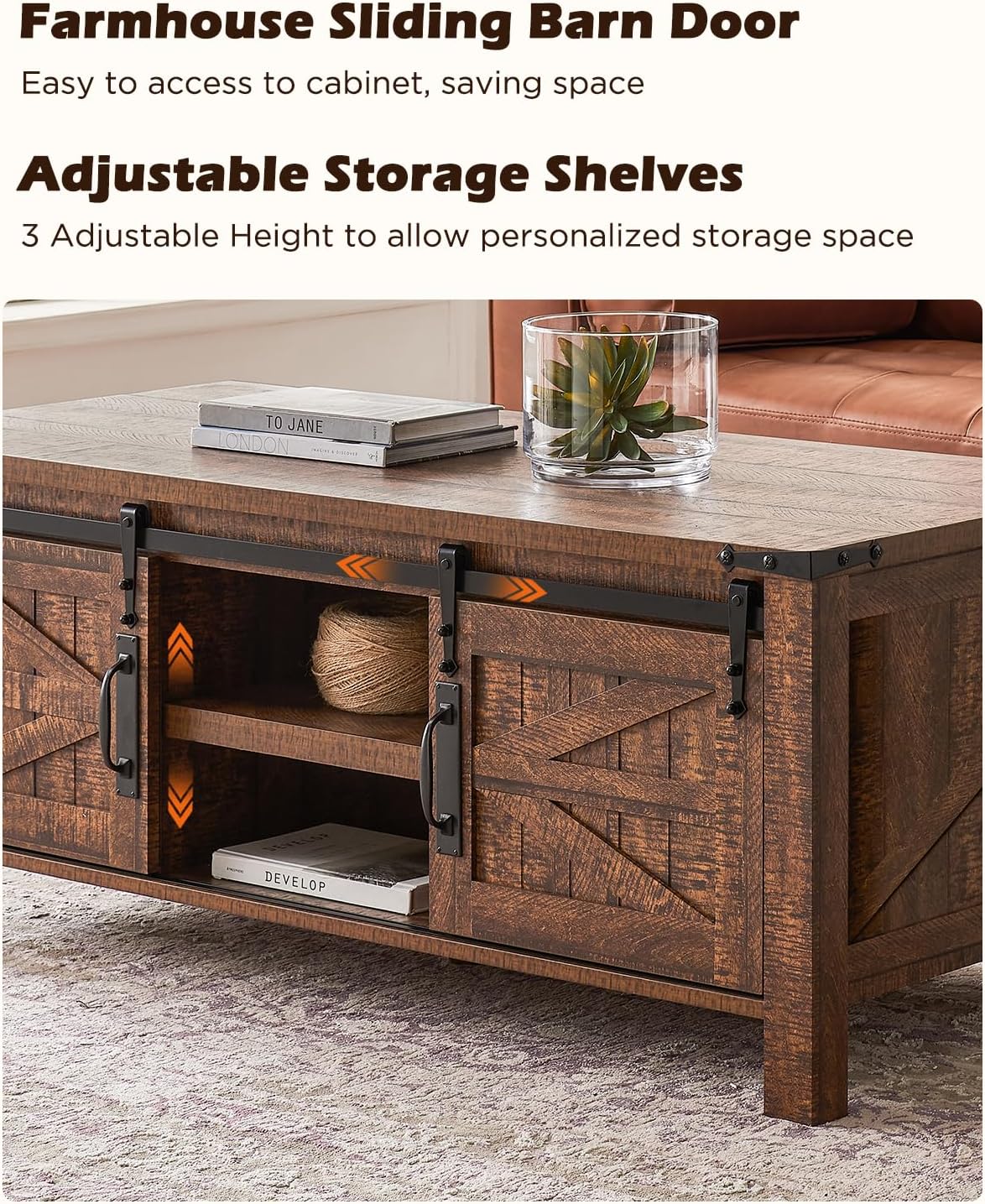 OKD 48" Farmhouse Lift Top Coffee Table with Sliding Barn Door,Rustic Center Table with Hidden Storage Compartment,Lifting Tabletop and Adjustable Shelf for Living Room,Office,Reclaimed Barnwood