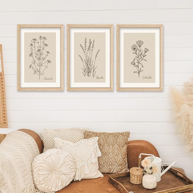 YWJKWLGS Framed Vintage Botanical Wall Art Set of 3, Natural Wood Frame Wildflower Prints, Minimalist Rustic Farmhouse Decor, 11x16 inch Art for Living Room Bedroom Office