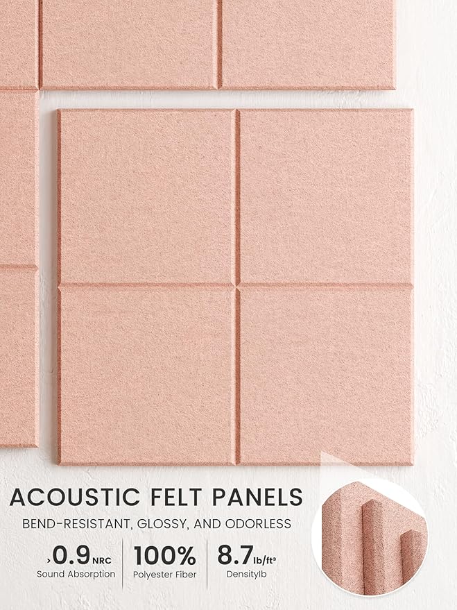 Bumusty Large Felt Bulletin Board, 36" x 24" Cork Board Alternative, 6-Pack Wall Tiles with 4-Compartment Design, 30 Push Pins, 40 Adhesive Tabs, Ideal for Office & Home Decor, Pink