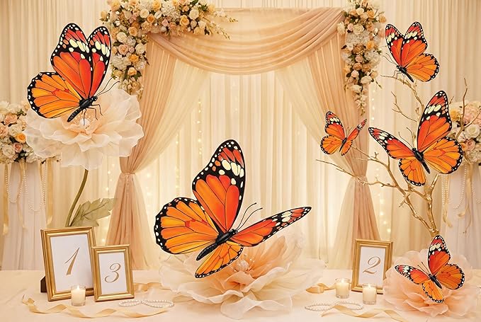 Chuangdi 12 Pcs Orange Large Monarch Butterfly Decorations 3 Size 12inch,9inch,6inch Fake Butterflies Realistic Butterfly Craft Artificial Mariposas Wall Decor for Craft Wedding Home Birthday Party