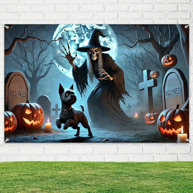 Halloween Witch Cemetery Banner 71x43 Inch Funny Dog and Skeleton Witch Banner Graveyard Wall Decor with Pumpkins and Moon for Spooky Trick or Treat Party Indoor Outdoor Decoration