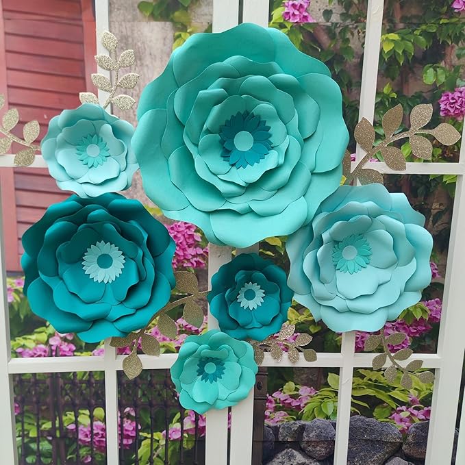 Turquoise Teal Paper Flower with Gold Leaf for Wall Living Room Bed Room Wall Decoration Wedding Birthday Bridal Baby Shower Party Floral Decor Pack of 6