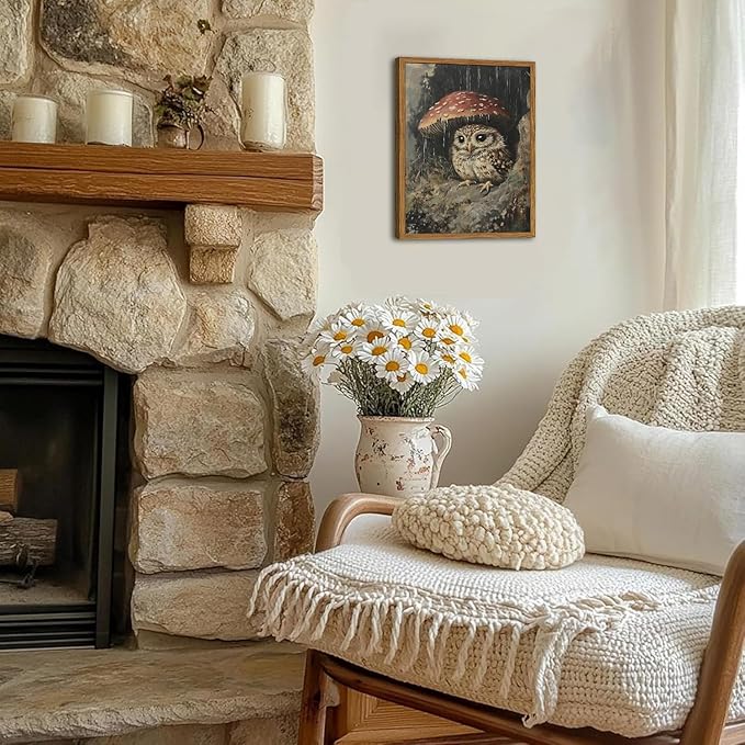 Framed Vintage Owl Canvas Wall Art, Cute Bird Mushroom Pictures Wall Decor, Cottagecore Forest Animal Paintings Prints Gothic Rustic Moody Home Decor for Living Room Bedroom Nursery 12x16 inch