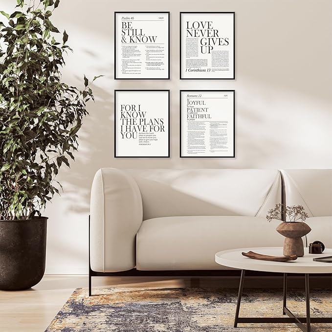 Locomiss Black and White Christian Wall Art Decor, Modern Bible Verse Prints, Minimalist Jesus Scripture Wall Decor, Inspirational Bible Posters for Bedroom Office Living Room, Set of 4 (8x10 Unframed)