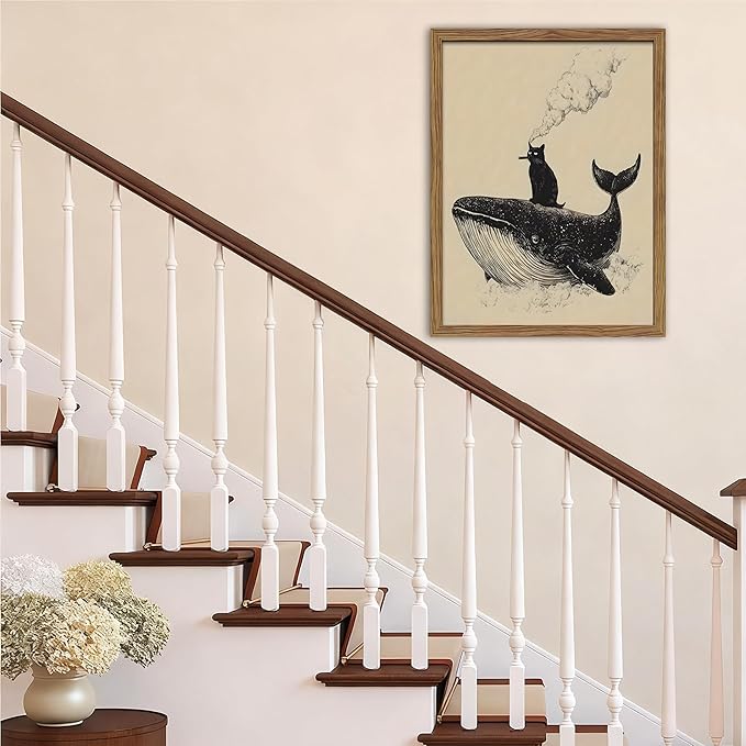 Framed Cat Wall Art, Funny Black Cat Riding a Whale Canvas, Vintage Abstract Oil Painting, Country Home Room Wall Decor, Humorous Pictures Artwork Prints for Living Room Bedroom – 8x10 inch