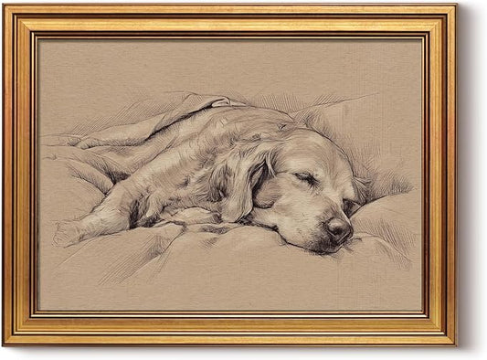 InSimSea Gold Framed Canvas Prints Wall Art, Vintage Dog Decor, Sketch Dog Sleep Paintings Farmhouse Wall Decor Aesthetic, Antique Minimalist Pictures for Bedroom Living Room Shelf, 12x16inch