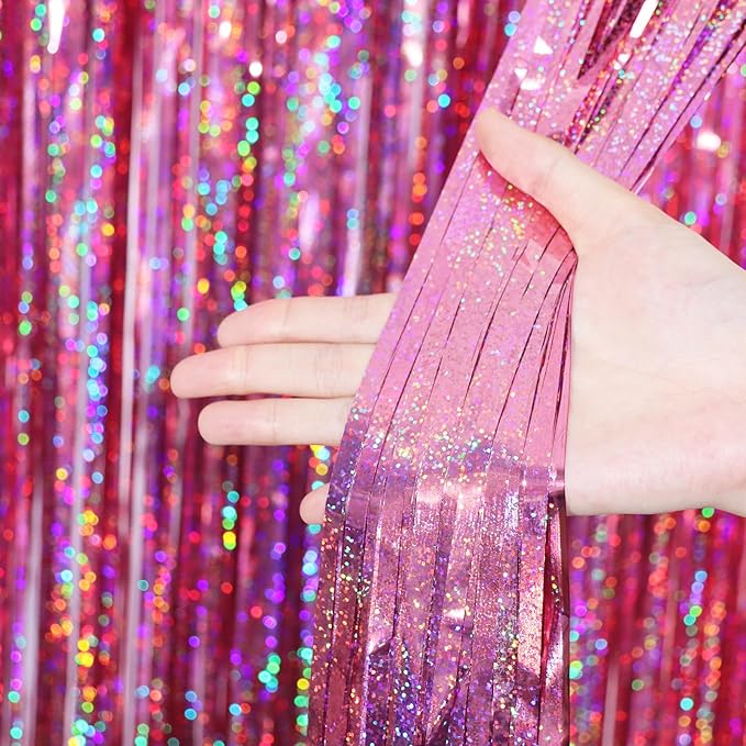 3.3 x 6.6 ft Foil Fringe Backdrop Curtains, Tinsel Streamers Party Decorations, Fringe Backdrop for Birthday, Baby Shower, Gender Reveal, Graduation (3, Pink)
