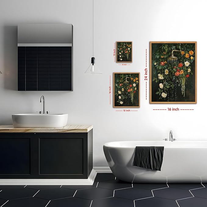 Floating Framed Floral Shower Wall Art, Vintage Botanical Flower Canvas Print, Romantic Garden Roses and Waterfall Painting, Nature Inspired Bathroom Wall Decor for Home Living Room 16x24 inch