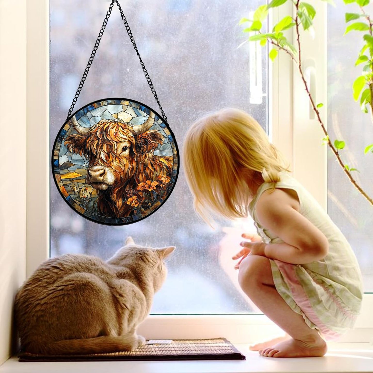 Stained Glass Window Hanging - Funny Cow Flower Suncatcher Ready to Hang Window Doors Home Decoration and Christmas, Mother's Day Birthday Gifts for Women, Men, and Mom 7.8x7.8 in