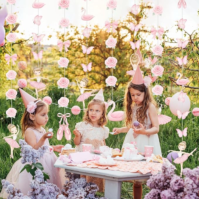 8 Pcs Ballerina Party Decorations Ballet Dancer Birthday Hanging Garlands Banner Pink Swan Rose Butterfly Paper Cutouts for Girls Wall Ceiling Decor Ballet Birthday Party Supplies