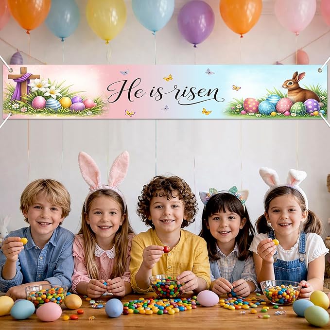 Easter Banner He Is Risen Easter Decorations Resurrection Cross Spring Christian Faith Decor 118×20 inch Religious Easter Banner for Yard Fence Wall Door Porch Indoor Outdoor Church Display
