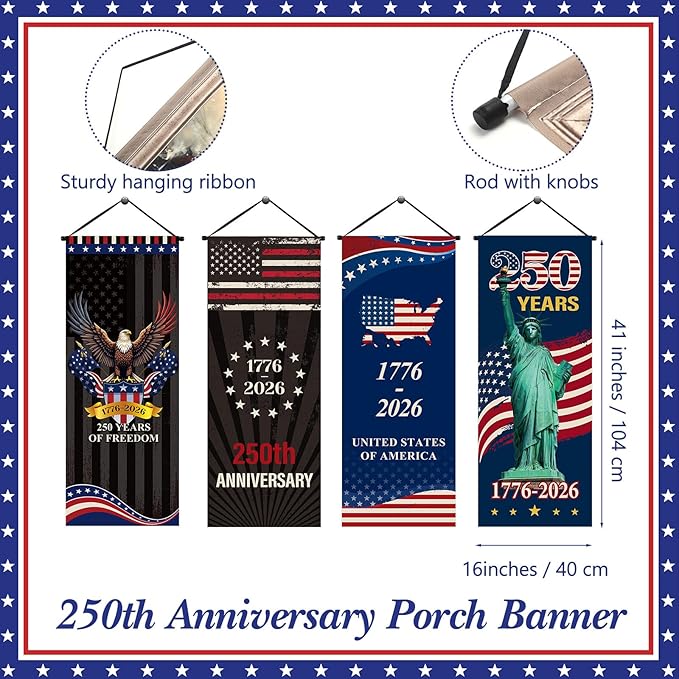 Tiamon 4 Pcs 250th Anniversary 4th of July Banner Patriotic American Flag Eagle 250 Years of Freedom 1776-2026 Porch Banner Hanging Decorations for Independence Day Wall Indoor Outdoor Decor
