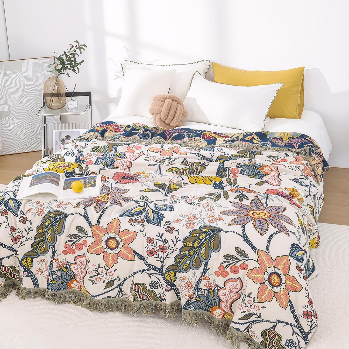 Snycler Boho Throw Blanket for Bed, 100% Organic Cotton Muslin Soft Throw-Floral Farmhouse Rustic Spring Summer Fall Decor Blanket for Couch Sofa Quilt and Gift, 60" x 80" White