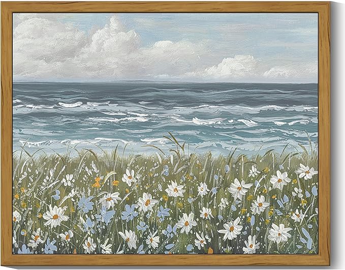 SHENIFY Vintage Landscape Framed Wall Art Sea Coastal Wildflower Field Scenery Farmhouse Decor Retro Painting for Living Room Bedroom Ready to Hang Wall Artwork - 8x10in Natural Framed