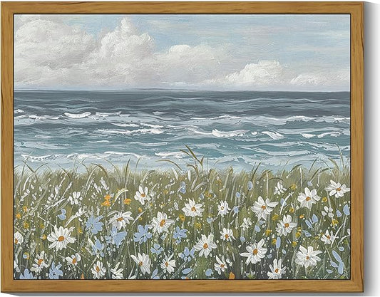 SHENIFY Vintage Landscape Framed Wall Art Sea Coastal Wildflower Field Scenery Farmhouse Decor Retro Painting for Living Room Bedroom Ready to Hang Wall Artwork - 8x10in Natural Framed