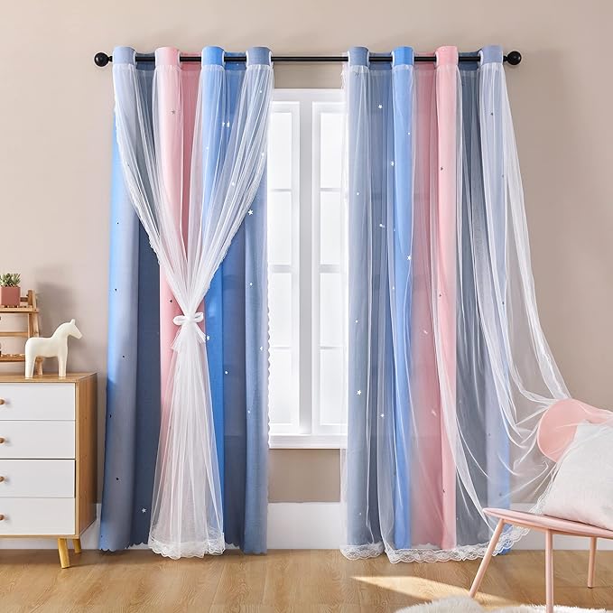 XiDi Dream Star Blackout Curtains for Kids Rooms Girl Princess Curtain for Daughter Bedroom Window (Pink Grey Blue, W52 X L84)
