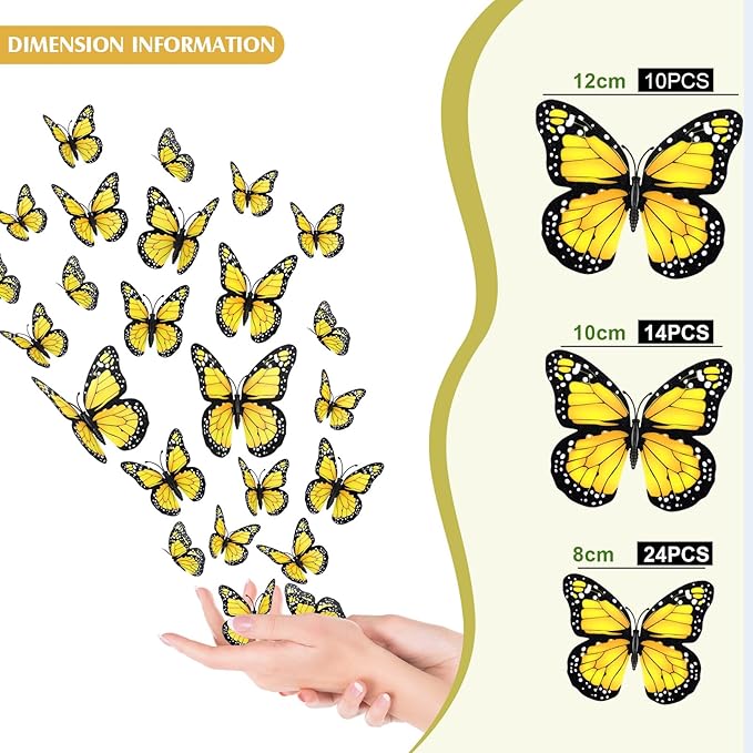 Chuangdi 48 Pcs Yellow Monarch Butterfly Decorations 3 Size Fake Butterflies Realistic Butterfly Craft Artificial Mariposas Wall Decor for Craft Wedding Home Birthday Party (3.2inch,4inch,4.7inch)